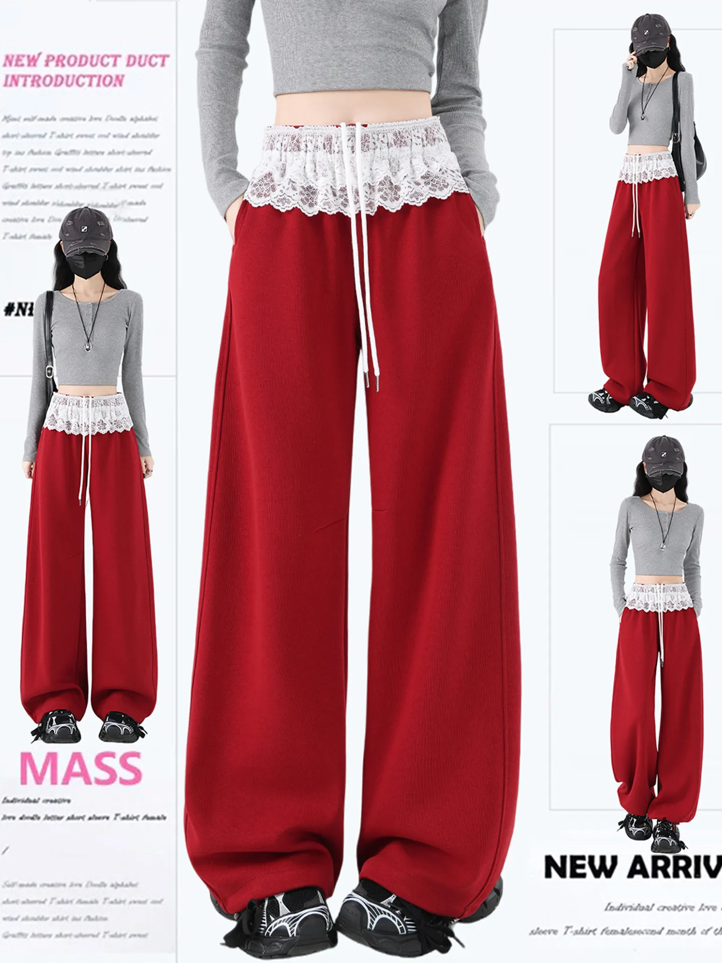 

High Waist Straight Leg Red Pants Women's Early Spring New Sle Slimming Wide Leg Pants Casual Lace Trimmed Trousers