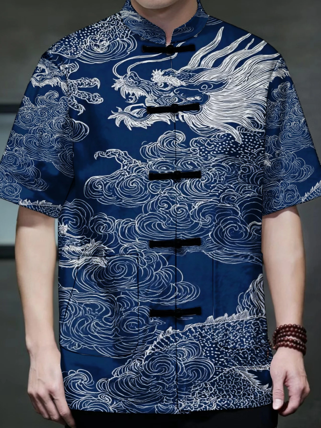 Men Men Mandarin Collar Frog Button Short Sleeve Shirt Cloud Dragon Floral Vintage Print Traditional Top - Aliexpress Deal