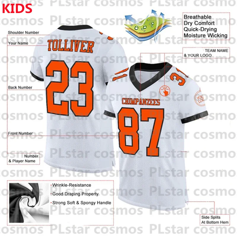 Custom White Orange-Black Mesh Authentic Football Jersey 3D Printed Kids Football Jersey Boys Tops Girl Tees