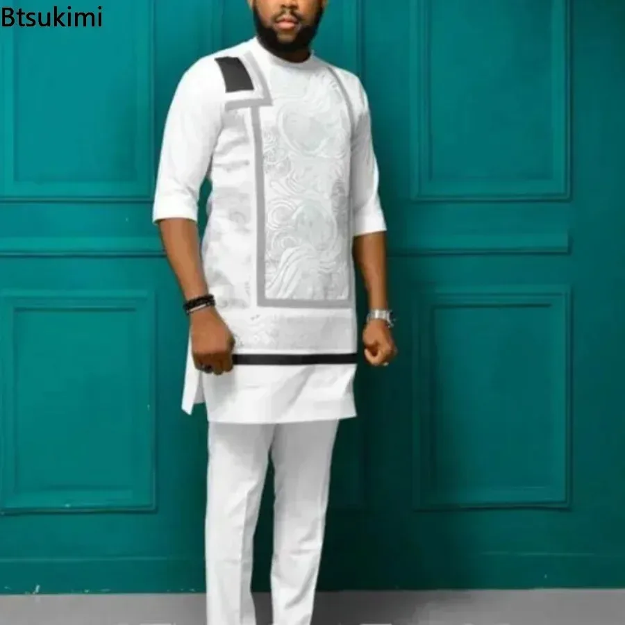 2026 Men's African Arab Suit Sets 2PCS Ethnic Style Digital Printed Pants Sets Male 2 Pieces Outfits Men T-shirt Pant Suits Sets