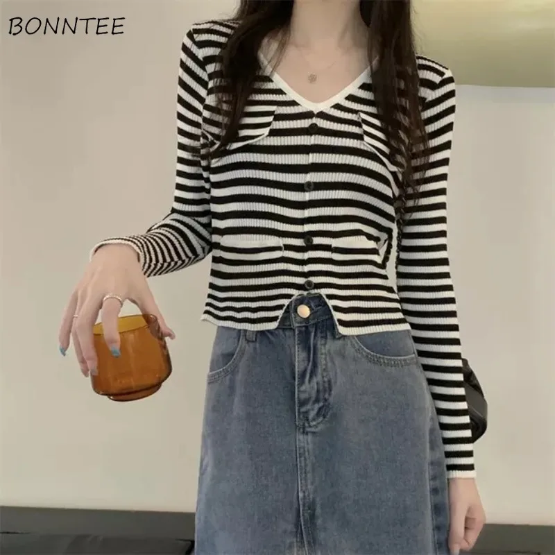 

Striped V-neck Cardigans Women Slim All-match Design Basic Hollow Out Button-up Daily Tender Knitted Tops Aesthetic Fashion 2024