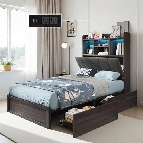 

Twin Farmhouse Bed Fe with Bookcase board and 4 Ders, LED Storage Bed with Charging Station & Linen Upholstered, No Box
