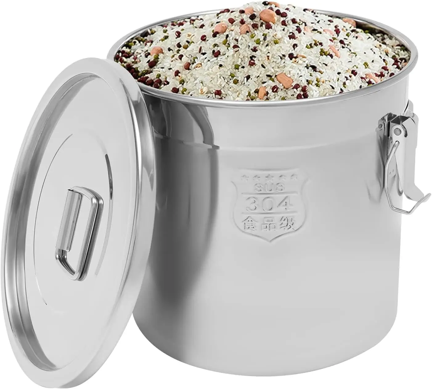 Cubo de almacenamiento de aceite de arroz de cocina de 6 L, recipiente hermético para cereales de acero inoxidable, con abrazadera de bloqueo, para leche de harina de arroz