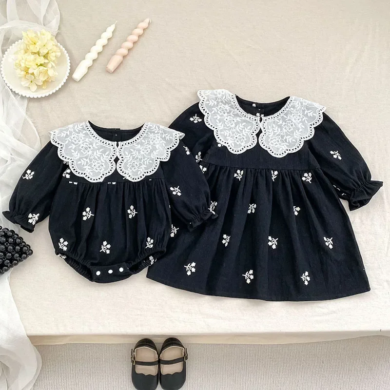 2025 New Autumn Sister Dress Kids Princess Dresses Baby Girl Romper Long Sleeved Cotton Embroidery 2-6Yrs Girl Party Dress