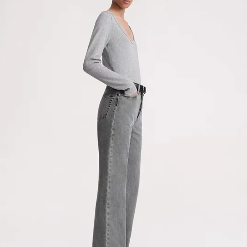 Gray Long Sleeve Classic Ribbed  Slim Top