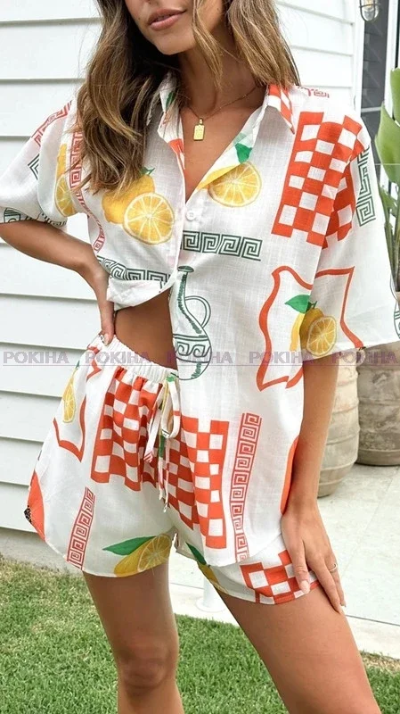 

Casual Printed Short Sleeve Shirt Blouse Top Loose Holiday Shorts Suit Women 2 Piece Set Summer Beach Fashion Outfits New 2024