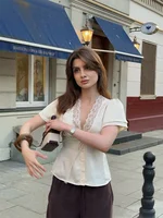 Chic Lace Women 's Shirts Elegant V-neck Tie Up Single Breasted Tops Female 2025 Summer Autumn Fashion Lady High Street Blouse - Image 2