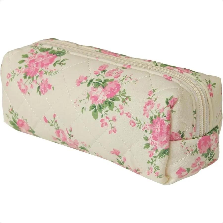 Estuche para lápices Estuche para lápices bonito para niñas Estuche para lápices estético con cremallera Estuches para bolígrafos Estuche para maquillaje con 2 flores rosas
