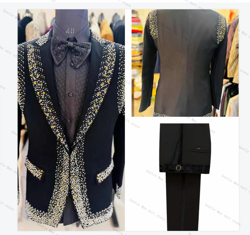 

Luxury Crystals Men Suit Pants Set 2 Piece Blazer+Cotton Trousers Wedding Groom Prom Coat Customized Formal Office Jacket Outfit
