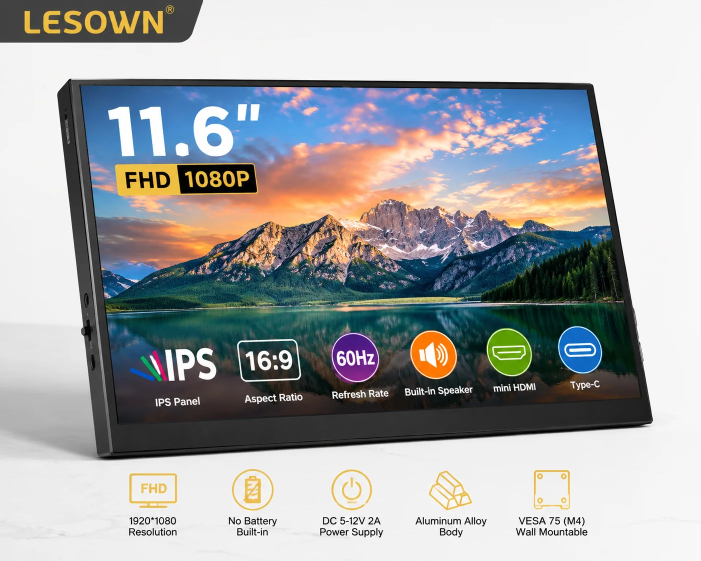 LESOWN 11.6 Inch Portable Monitor 2K High Resolution Travel Screen Driver-free External Display with Speakers for Laptop