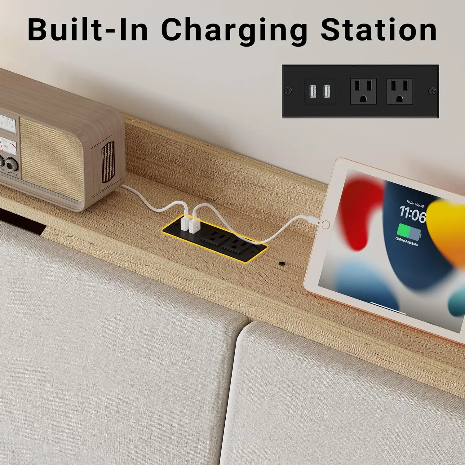 إطارات سرير كوين من LIKIMIO مع لوح رأسي للتخزين المخفي، كاماس كوين مع محطة شحن و4 أدراج، قوي وغير ضوضاء، N #5