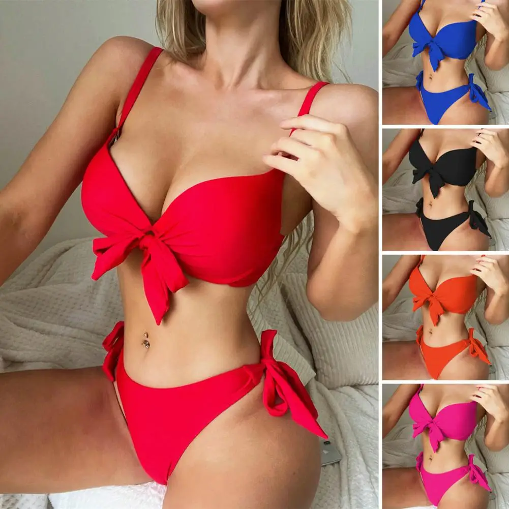 Spaghetti Straps V-neck Backless Sexy Bikini Knotted Bra High Waist Briefs Swimsuit Beachwear