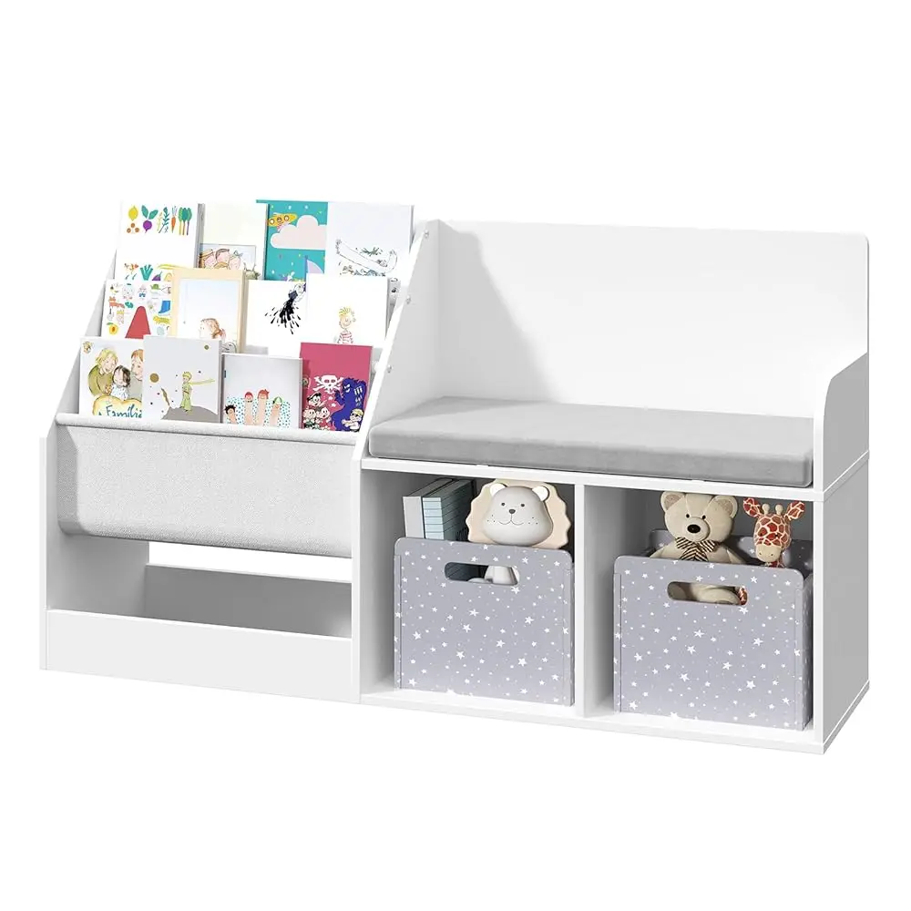 

42.1"" Kids Bookshelf With Reading Nook, Toy Storage Organizer With Seat Cushion And 2 Storage Cubbies, 3-Tier Bookcase With