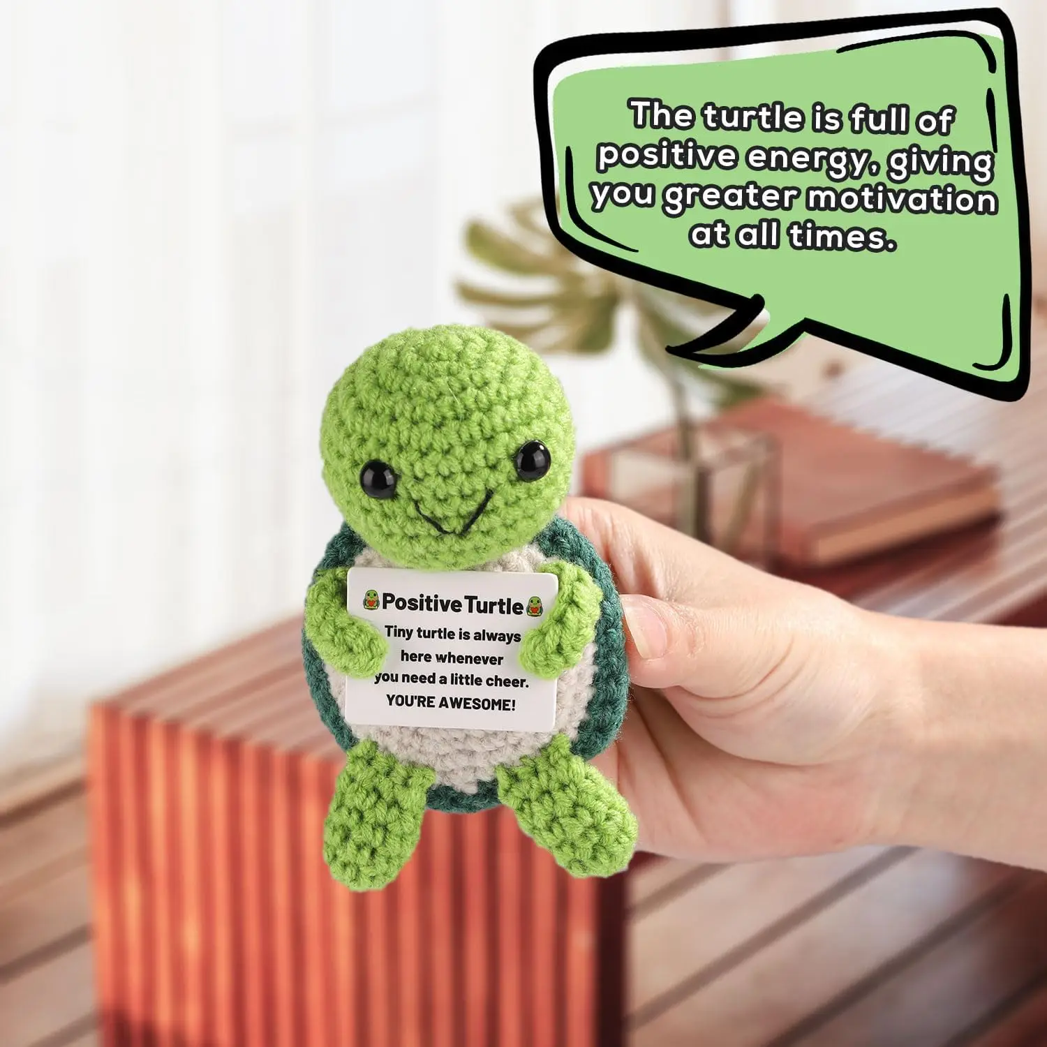 Positive Crochet Turtle Doll with Card Home Room Decoration Handmade Knitting Emotional Support Turtle Ornament Christmas Gifts