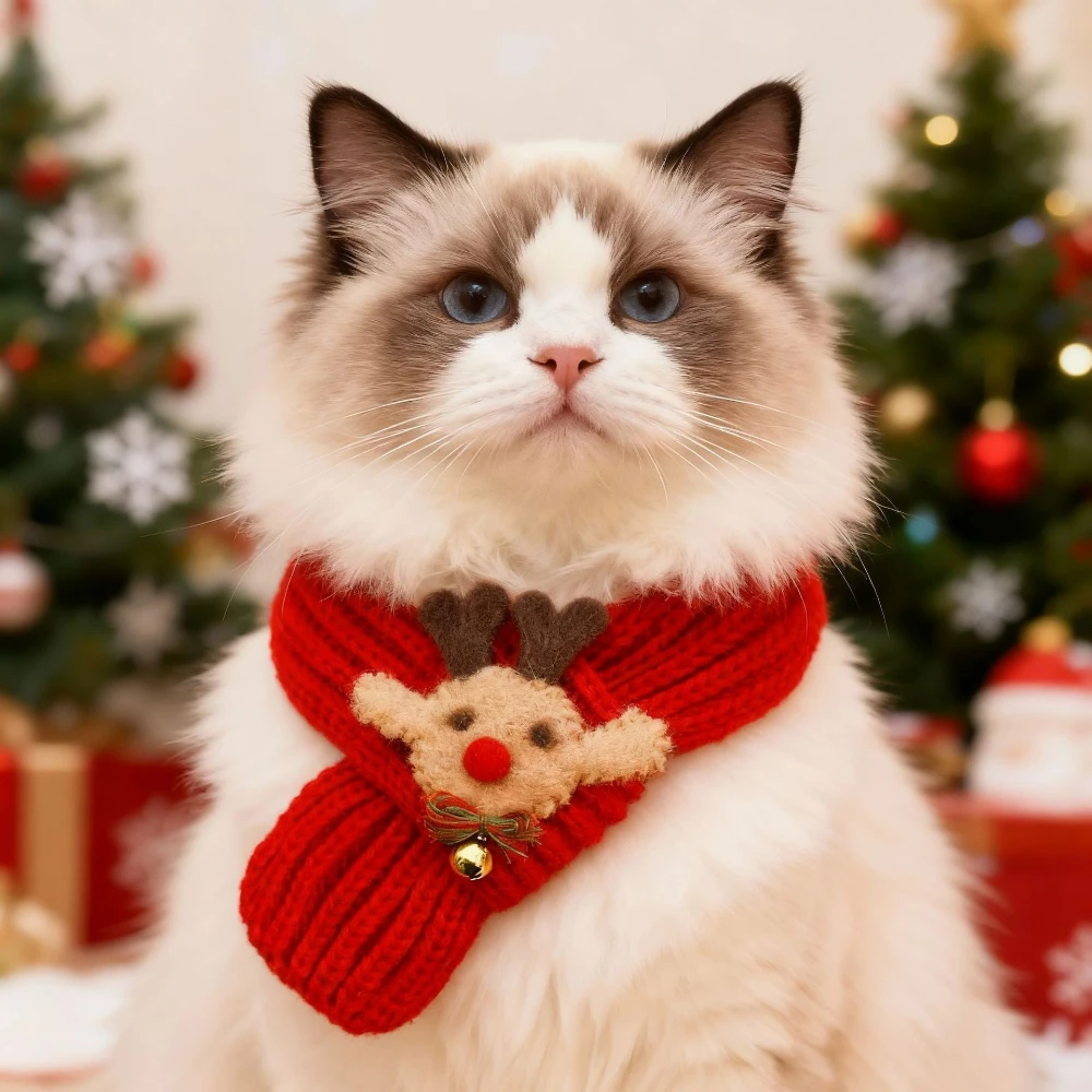 Christmas Knit Pet Scarf Neck Warmer, Warm Winter Neck Wrap for Cats Dogs, Red Decor, New Year & Holiday Festival Accessories