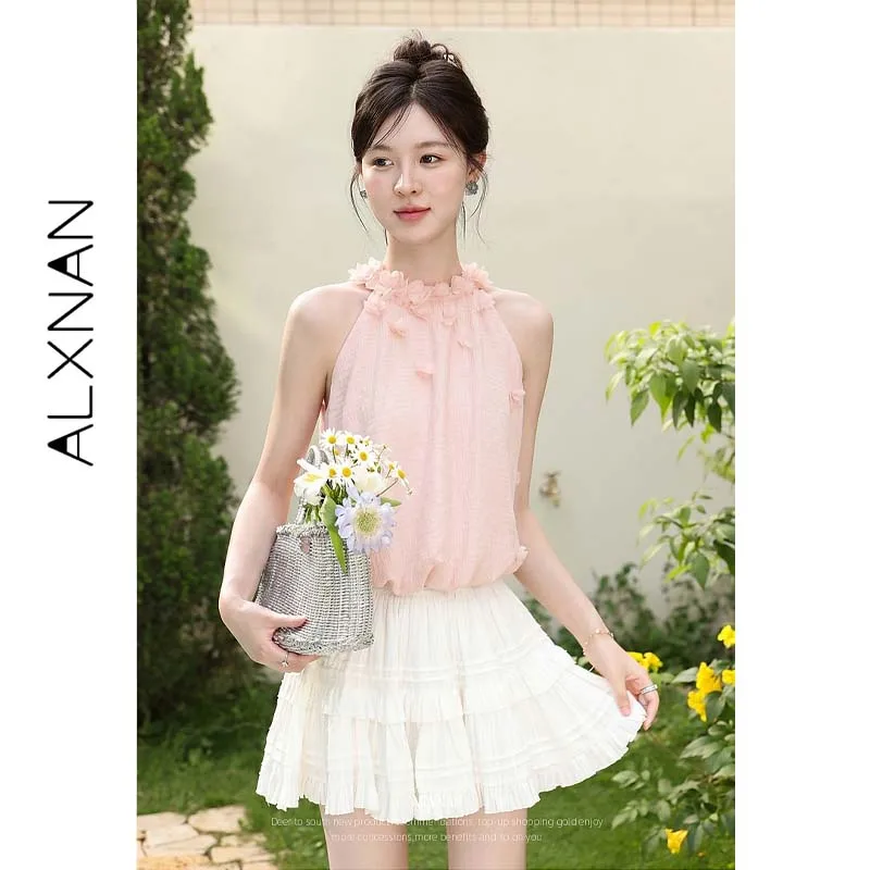 ALXNAN Pink Halter Tank Top 3D Floral Decoration Off Shoulder Bud Cami Women Summer Vacation Sweet Sleeveless Top L618119A-2