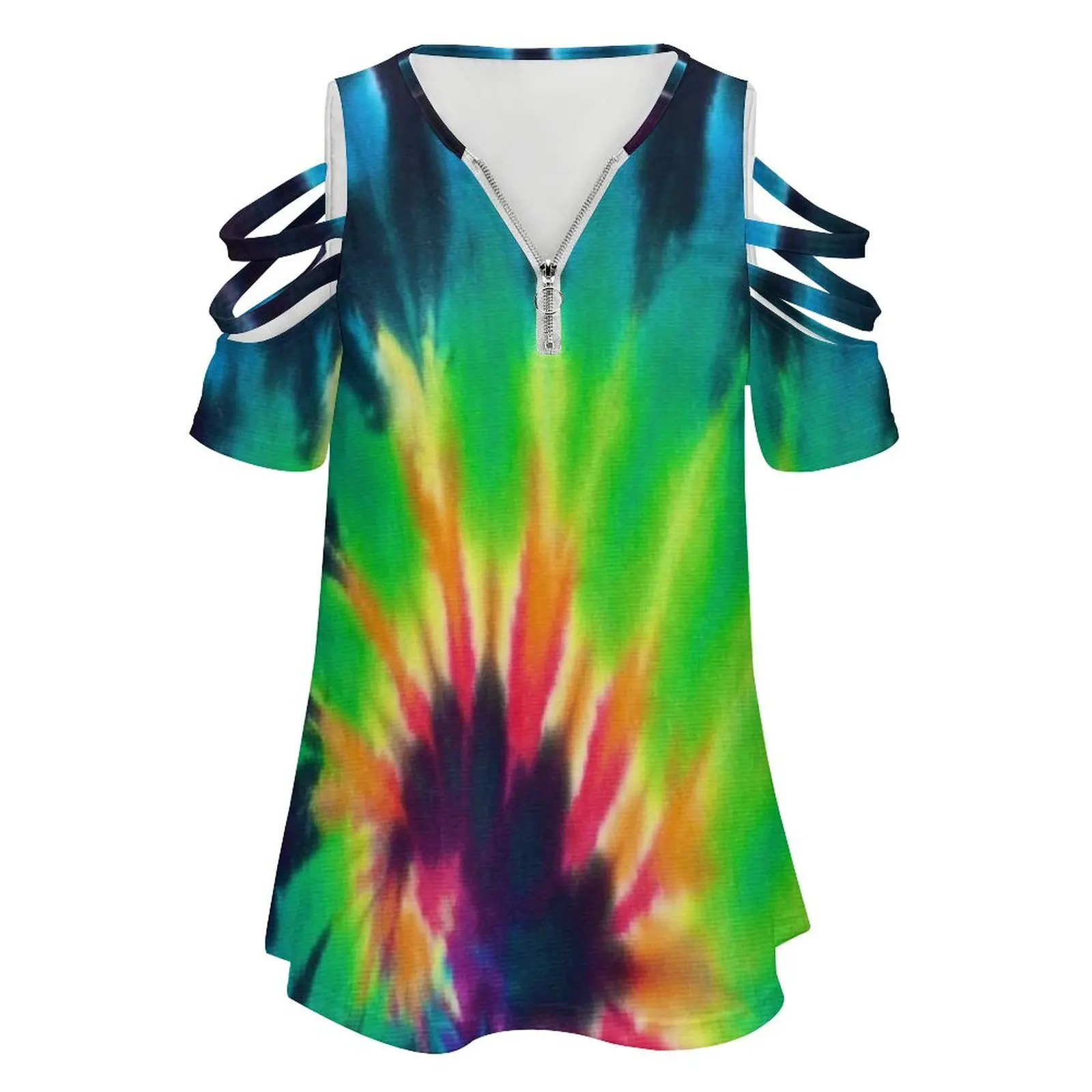 Swirl And Colorful Rainbow Tie Dye Women'S T-Shirt Summer Fashion Print Floral V-Neck Zipper Tshirt Hollow Pullover Ladies Top