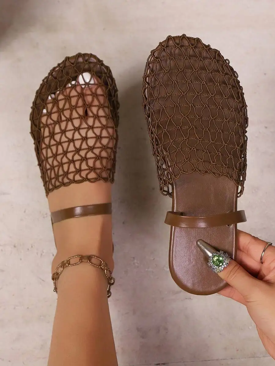 Travachic New European And American Style Backstrap Fishnet Flat Sandals, Hollow Out Comfortable Beach Slides For Women
