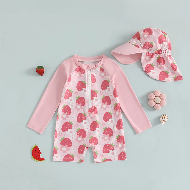 

Tregren Toddler Girl Long Sleeve Swimsuit Kids Infant Floral/Bow/Strawberry Print Half Zipper Rash Guard Swimwear with Sun Hat