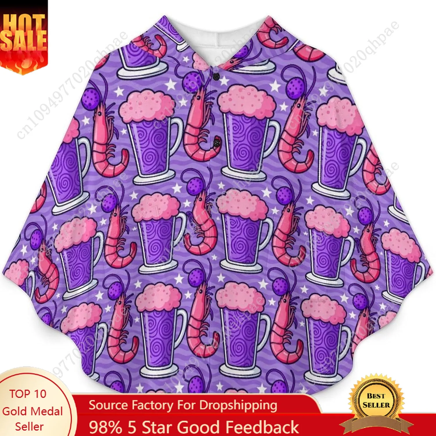 Comodo maglione coperta in flanella, felpa con cappuccio oversize con motivo tazza di birra per gamberetti con tasche per bambini e adolescenti