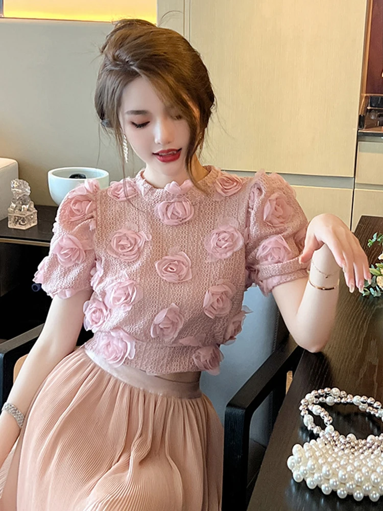 2023 Girls\' Sweet Cute 3D Flower Knitwear Women\'s French Bubble Sleeve Pink Short Tops Pullover T Shirt Party Holiday T-shirt