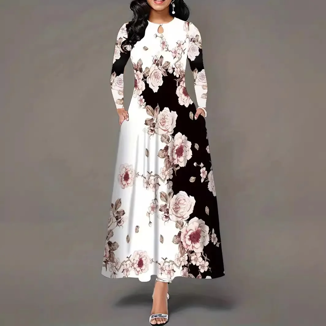 

Women's Round Neck Long Sleeve Printed Pocket Waist Large Skirt Skirt Large Size Long Skirt Woman Summer Dress POLYESTER