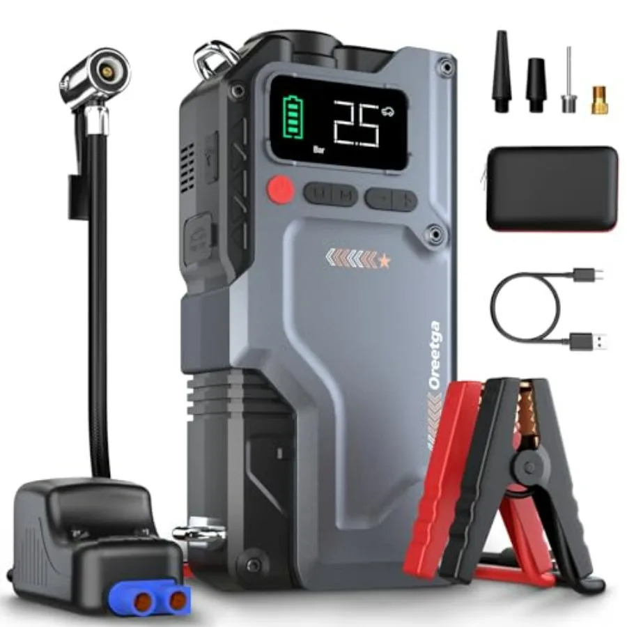 

Portable 12V Car Battery Charger Jump Starter with 150PSI Air Compressor for Gas/16L Diesel Vehicles Smart Jumper Cables LCD Di