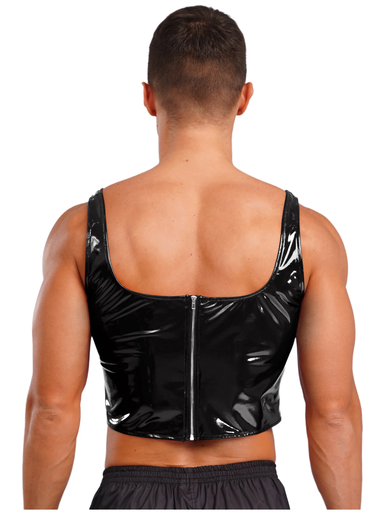 

Mens Wetlook Patent Leather Sleeveless Adjustable Lace-up Back Zipper Irregular Hem Cropped Vest Tops for Party Night Club