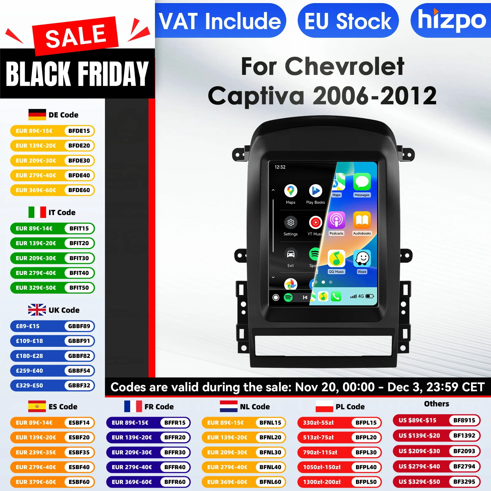 Autoradio Hizpo para Chevrolet Captiva Sport 2006-2012 reproductor Multimedia de Audio CarPlay Android Auto GPS WIFI FM RDS Autoradio AI
