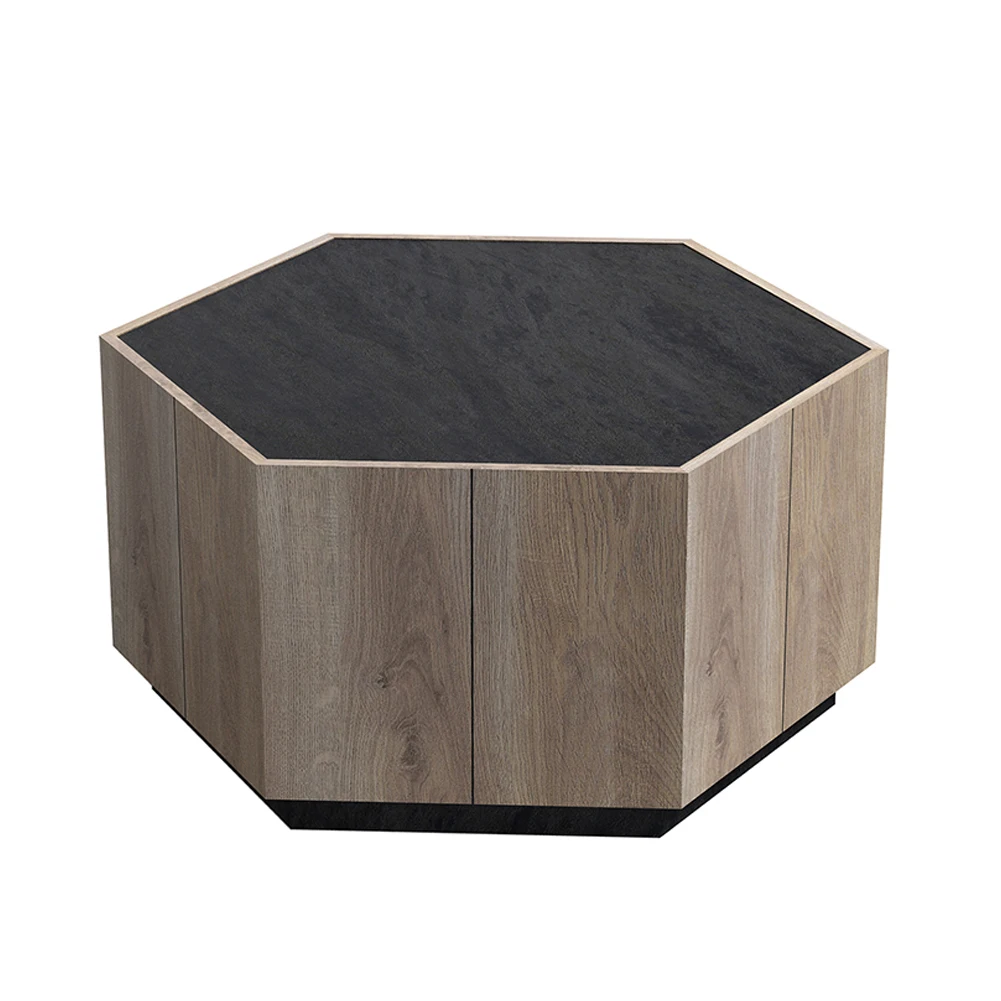 Coffee Table Hexagonal Wood Rural Style Table with 2 Storage Drawers Center Table For Living Room Bedroom Furniture