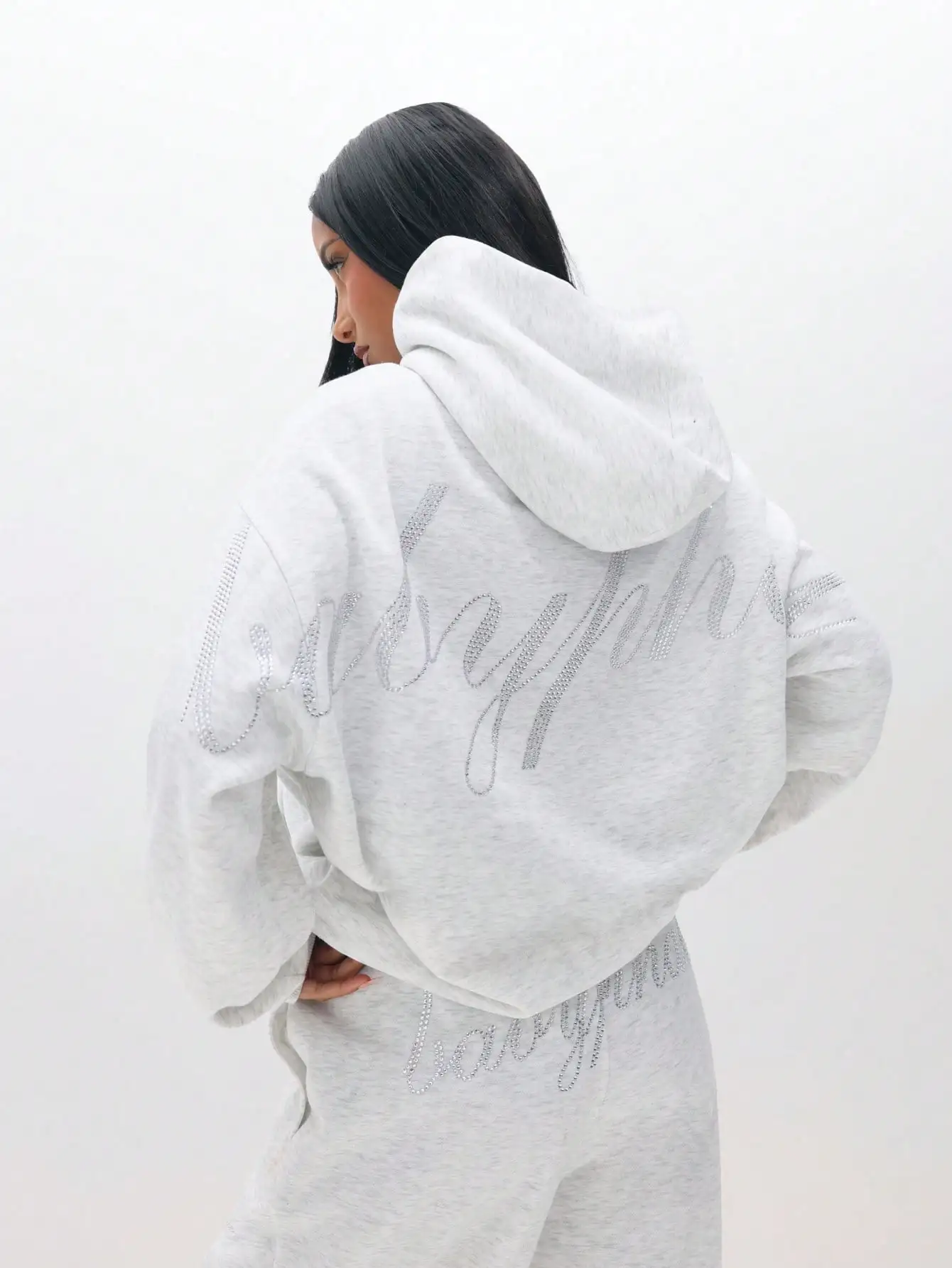 

BABYPHAT Women's Light Grey Hoodie with Rhinestone Logo, Drop Shoulder, Long Length, Casual Streetwear