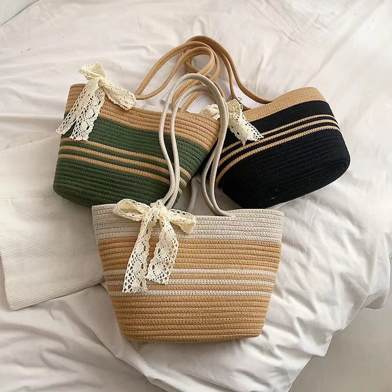 Large capacity woven women's bag shoulder bag cotton thread handbag color blocked beach bag tote bag