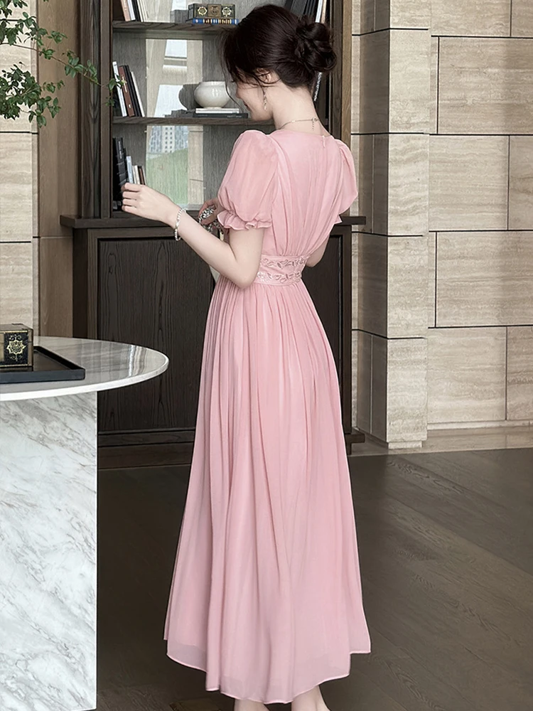 Women Vacation Clothes Chiffon Sweet Pink Short Sleeve Corset A-Line Long Dress Elegant Evening Party Prom Vestidos Robe Casual