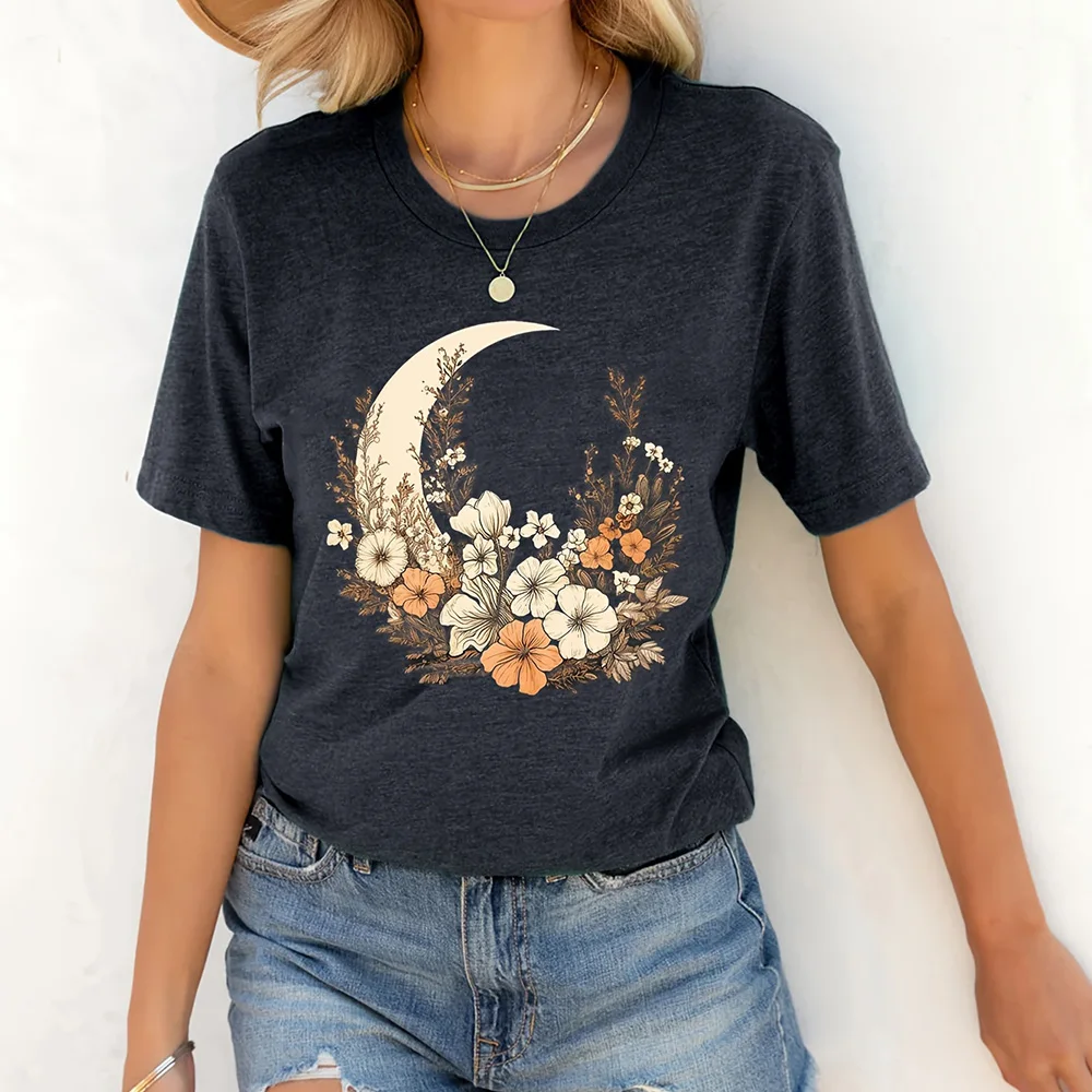 

Summer Women's Fashion T-Shirt Dating Casual Clothing Round Neck Loose Short Sleeve Flower Pattern Printed Women's Party T-Shirt