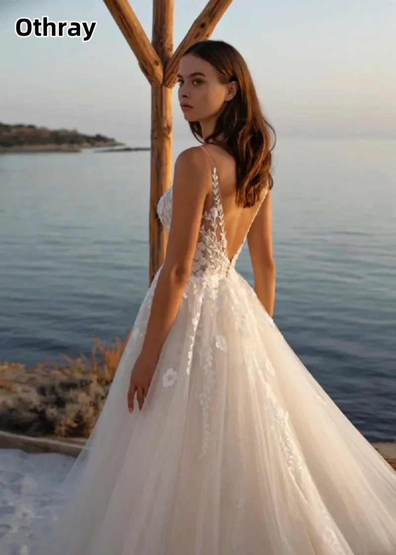 Othray Boho Appliqués Tulle Wedding Dress Spaghetti Strap Backless Beach Wedding Dress Princes Bridal Gown vestidos de novia