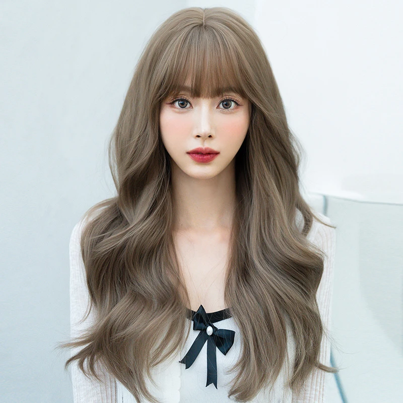 7JHH WIGS High Density Synthetic Body Wavy Wigs with Fluffy Bangs Long Loose Cool Brown Hair Wig for Women Beginner Friendly