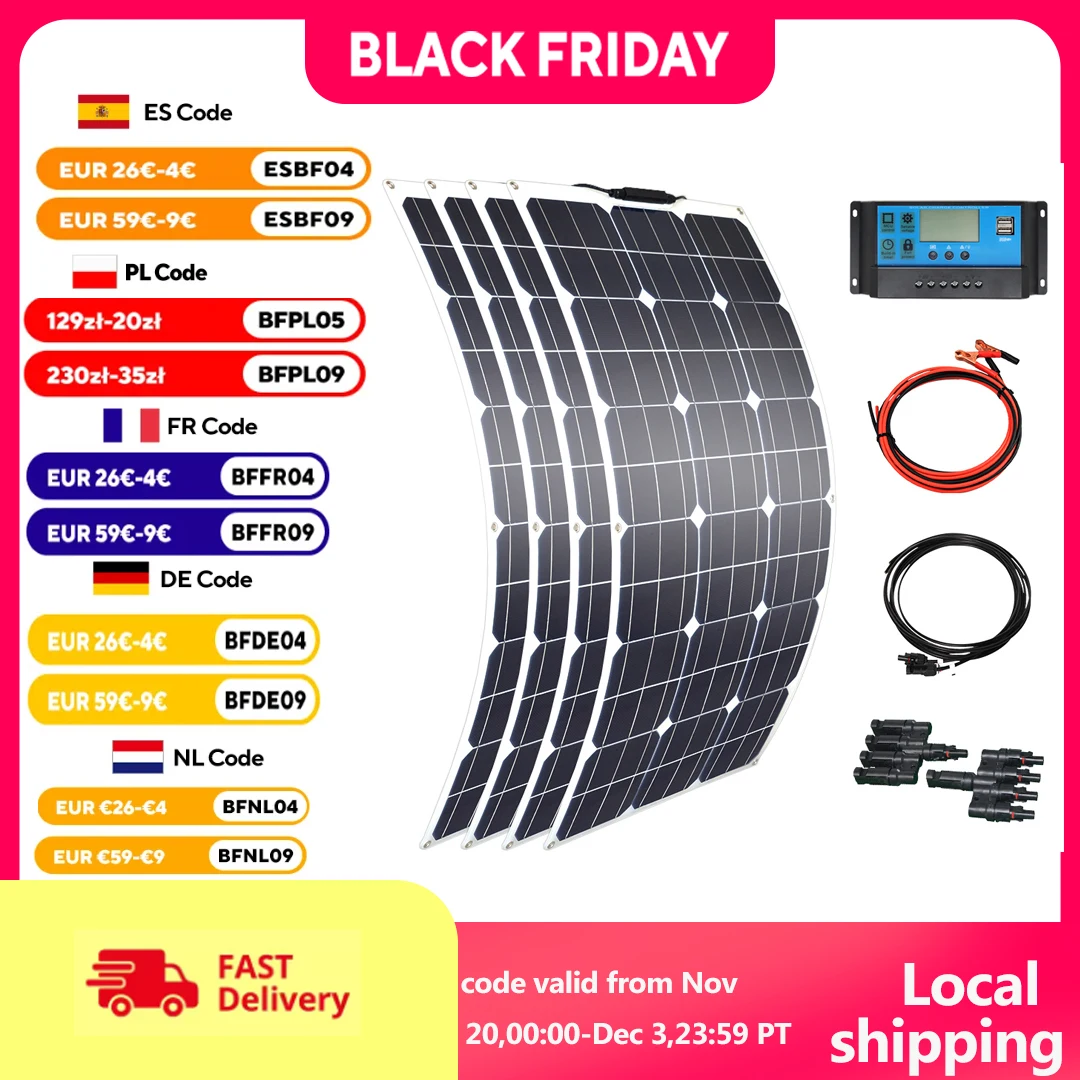 

Flexible Solar Panel kit complete Module Гибкая панель солнечных батарей комплект полный модуль ячейки 18 в 100 Вт 200 Вт 300 Вт 400 Вт контроллер для RV/лодки/автомобиля/дома 12В/24В зарядное устройство