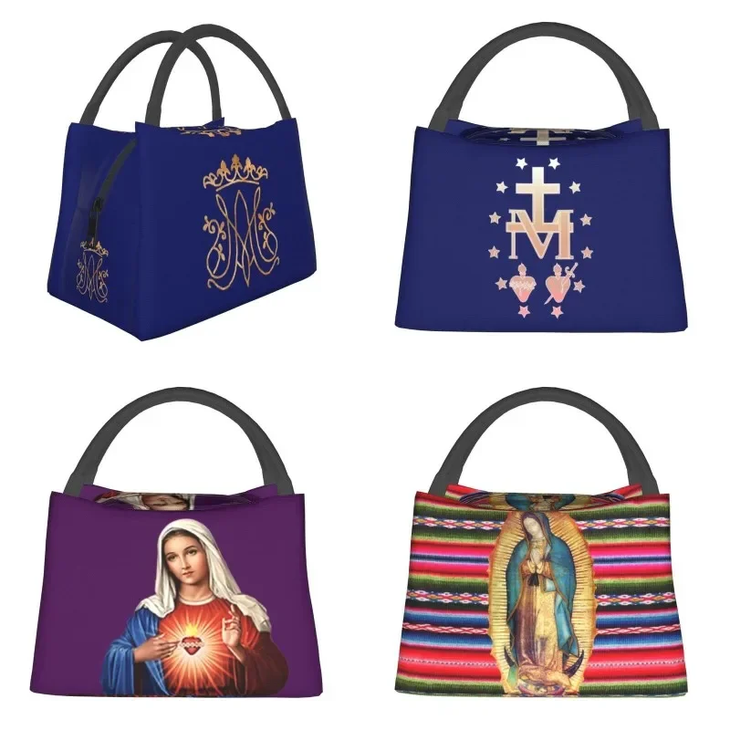 Ave Maria Monogram Thermal Insulated Lunch Bag Women Catholic Jesus Portable Lunch Tote for Camping Travel Storage Meal Food Box