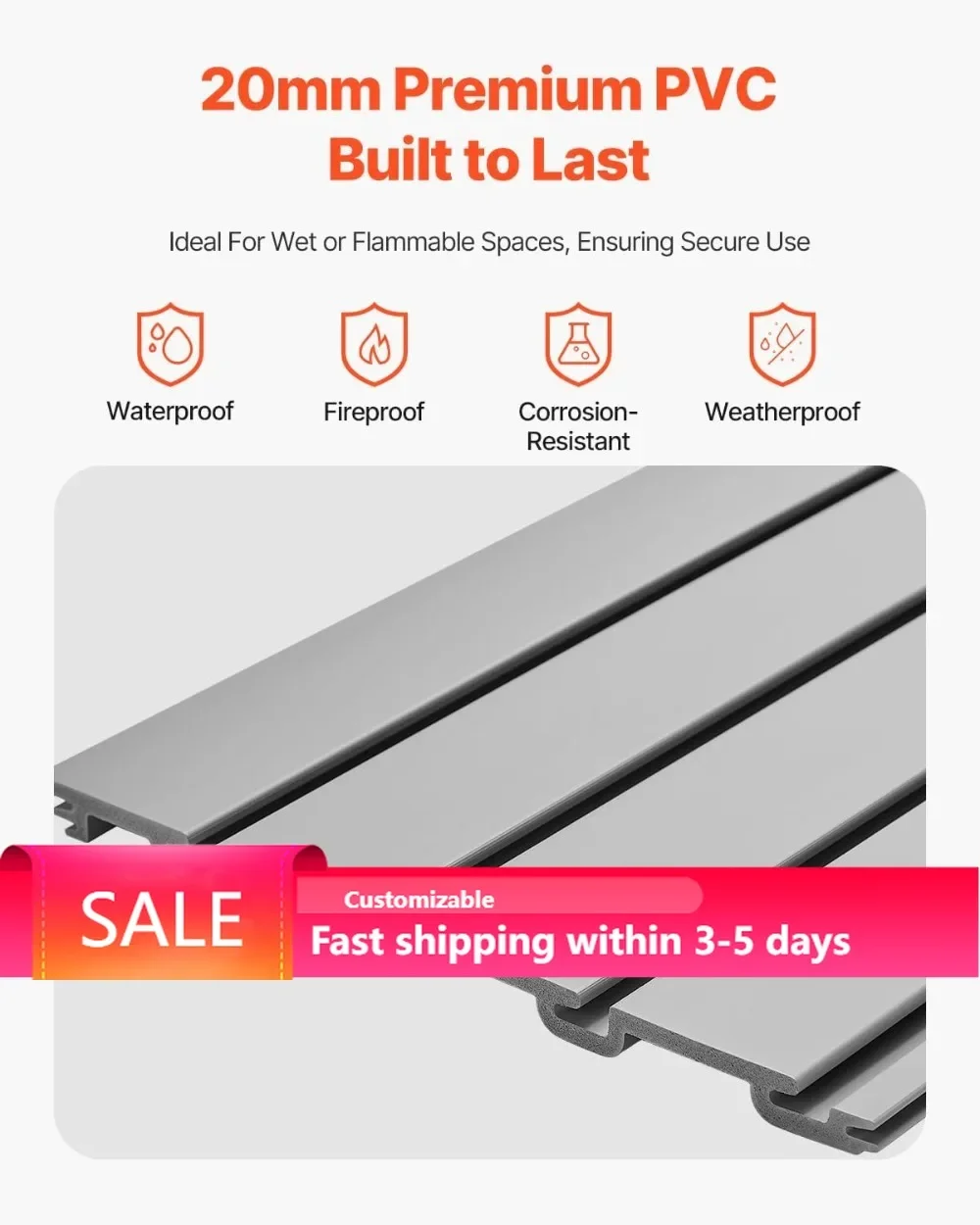 PVC Slat Wall Panel 8x4ft Grey Garage Wall Organizer 300LBS Load Easy Install