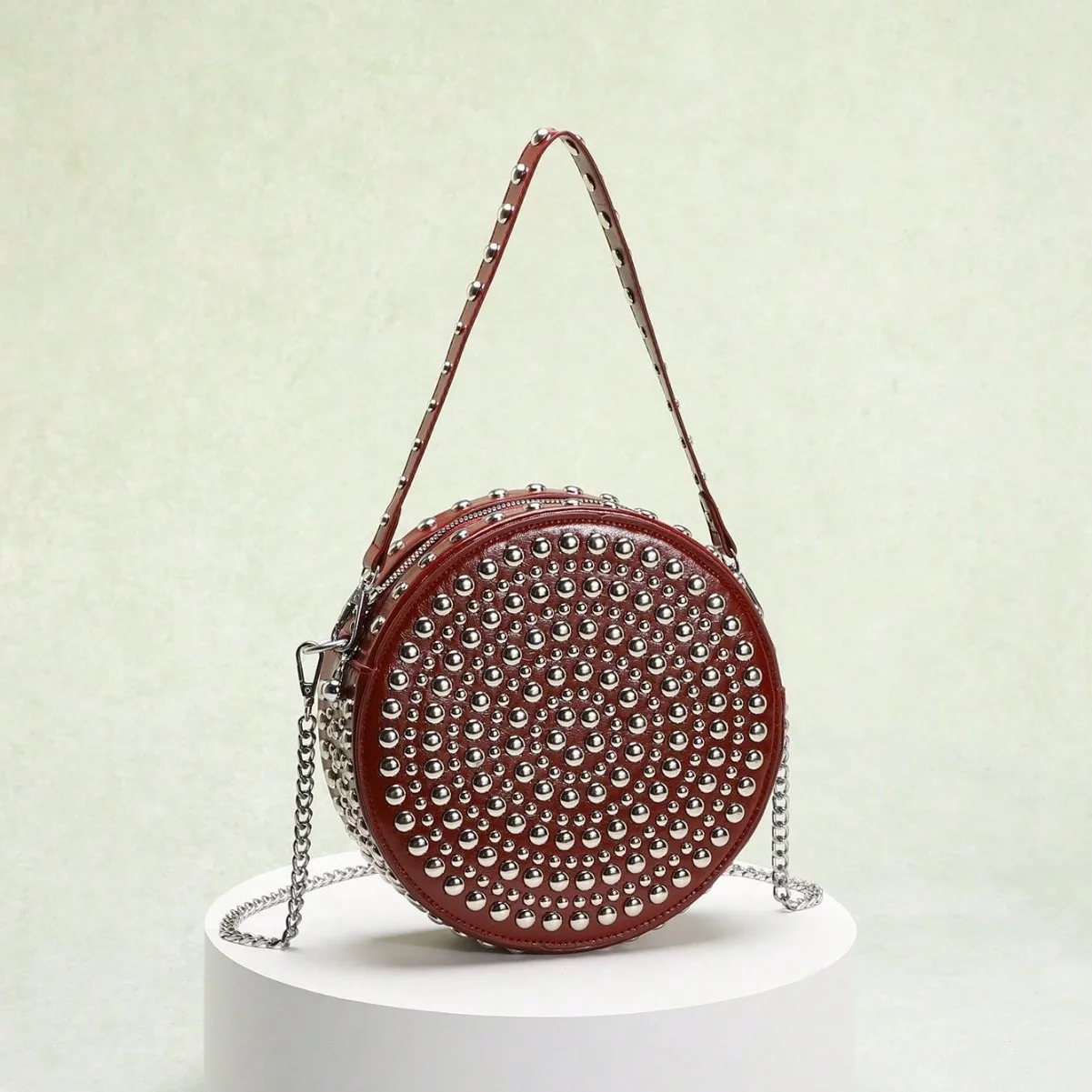 

Luxury Studded Round Handbags Punk Full Rivet Designer Bags for Women Circular Shoulder Crossbody Bag Two-sided Clutch Purses