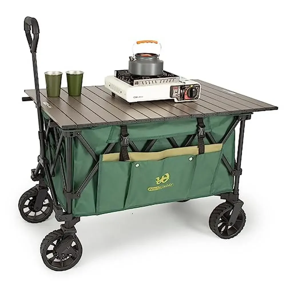 Heavy Duty Foldable Wagon with Aluminum Table 400lbs Capacity Side Pockets 360° Rotating Wheels Two Brakes Outdoor Utility Cart