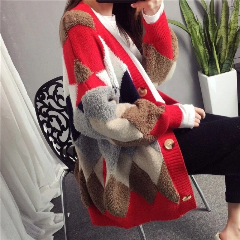 Slouchy Style Sweater Women\'s Cardigan Loose Autumn and Winter Korean 2023 New Style Outerwear Knitted Jacket Medium Length