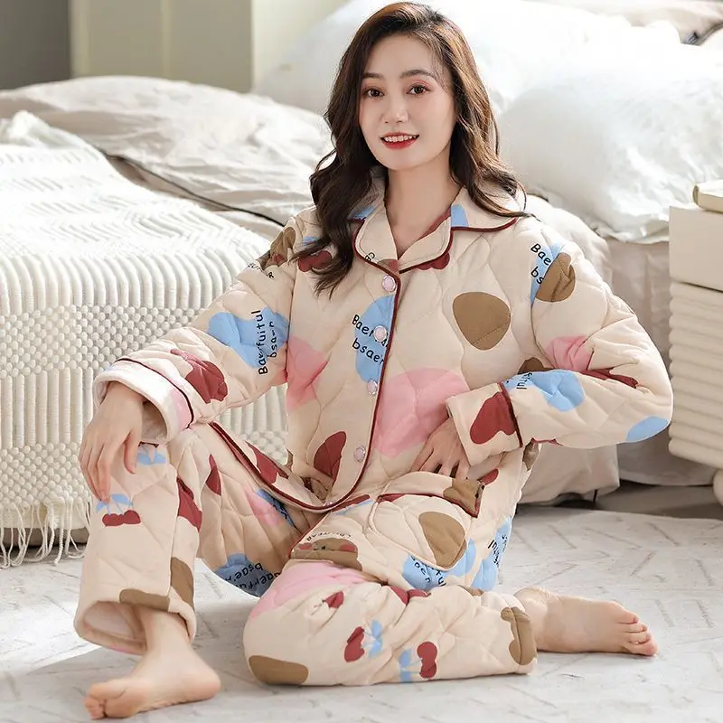 Meimeng Padded Pajamas Women's New 100% Pure Cotton Three-layer Thickened Warm Winter Loungewear Set Length Comfortable Simple