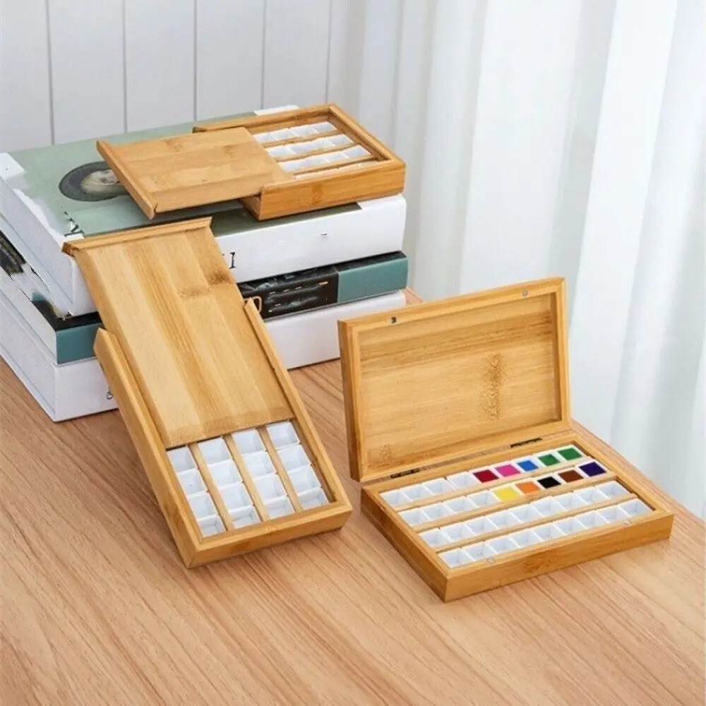 New Wood Watercolor Palette with Lid 24/36 Grid Paint Palette Empty Bamboo Portable Watercolor Box Painting Art Supplies