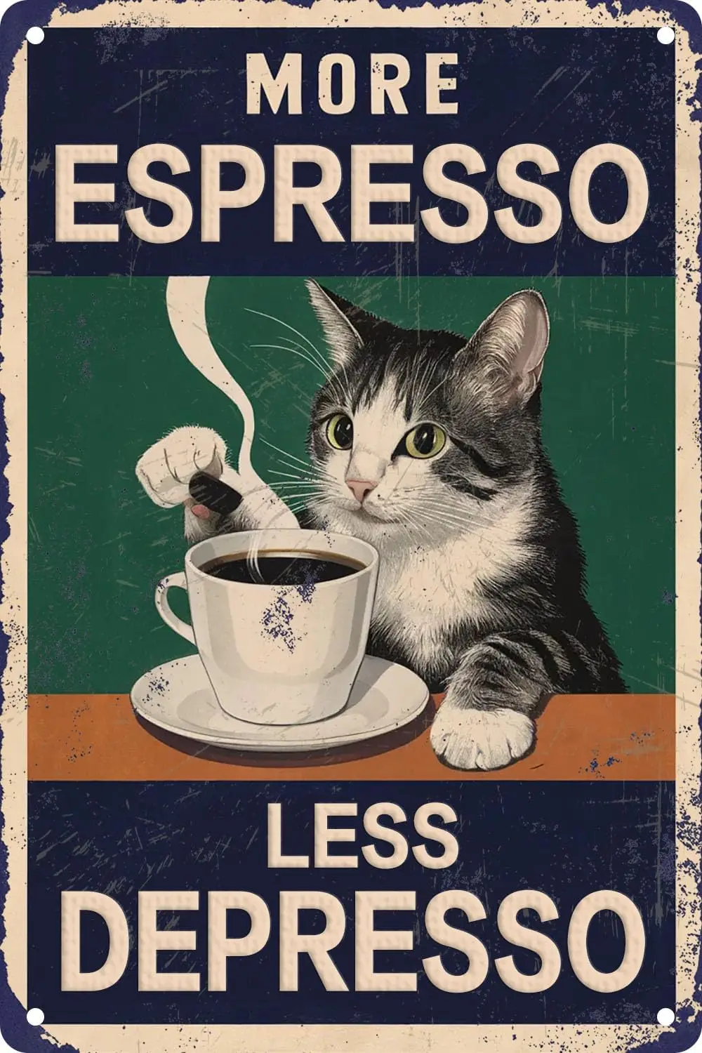 Retro Funny Cat Coffee Poster More Espresso Less Depresso Metal Tin Sign For Home Kitchen Cafe Bar Living Room Wall Art Decor 8X