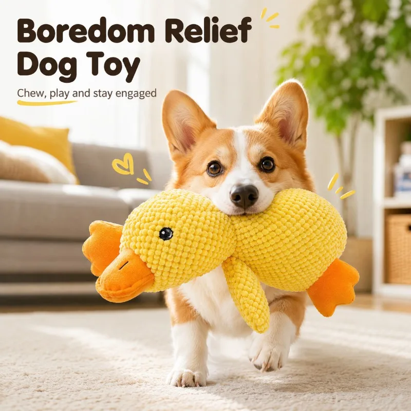 Yellow Squeaky Plush Duck Dog Toy, Soft Chenille Interactive Chew Toy, PP Cotton Cuddle Companion for Small Medium Large Dogs