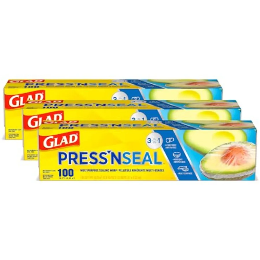غلاف طعام بلاستيكي من Glad Press'N Seal مكون من 100 لفة قدم مربعة مكونة من 3 قطع مثالية لتخزين المطبخ وإعداد الوجبات والحفاظ على الطعام