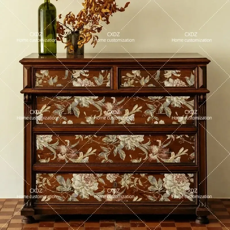 Retro Painted Solid Wood Storage Cabinet Antique Chest with Flower Drawer Locker for Home Organization