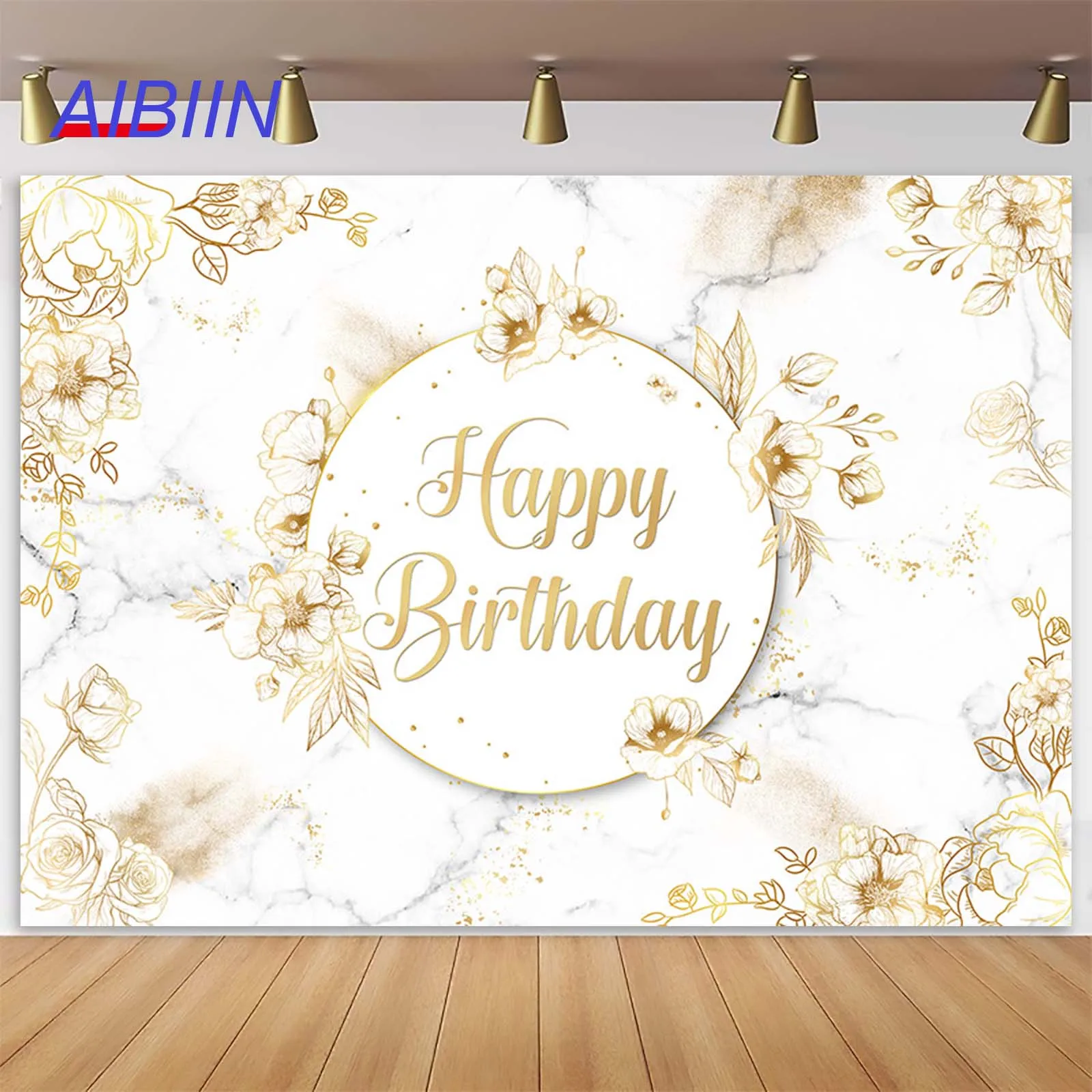 AIBIIN Beige Happy Birthday Backdrop Flowers Marble Photography Background Party Decor Women Girl Cake Table Poster Photozone