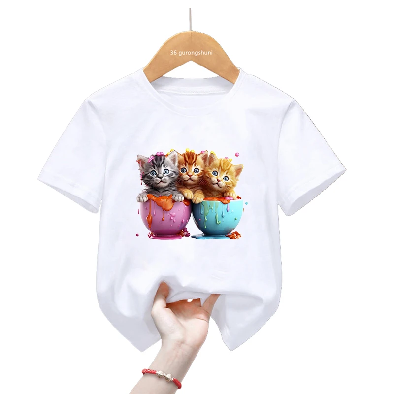 Funny Cat Love Cup Animal Printed Tshirt Girls/Boys Harajuku Kawaii Kids Clothes Summer Tops Fashion T-Shirt